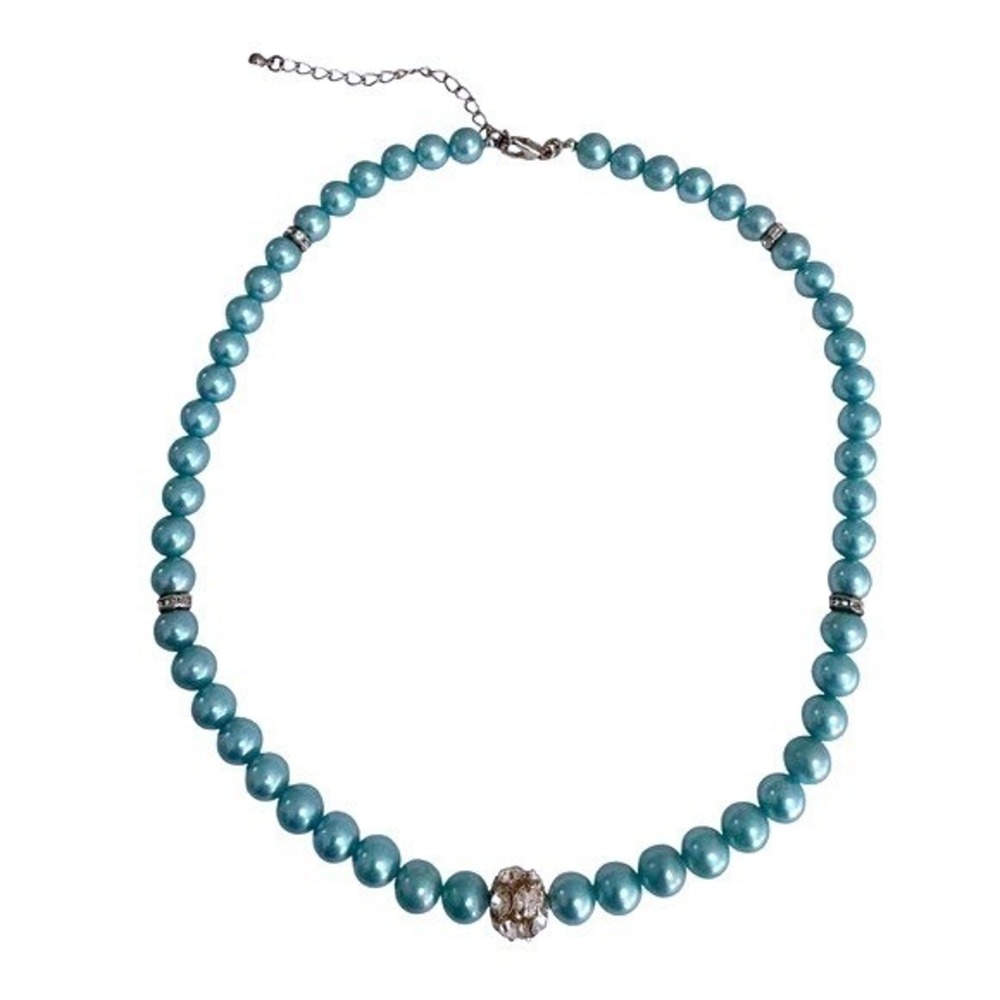 Faux Pearl Necklace Beaded 17in Blue Rhinestone Silver Tone Jewelry